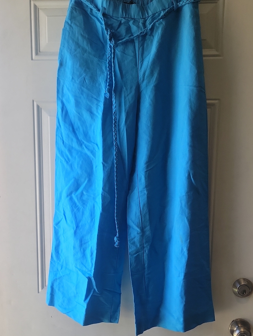 Ann Taylor Bright Turquoise Blue Wide Leg Drawstring Pants 100% Linen. Sz M